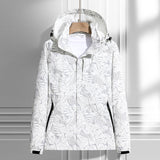 Lightweight rain jacket with hood, leaf print, front zipper, white with dark trim