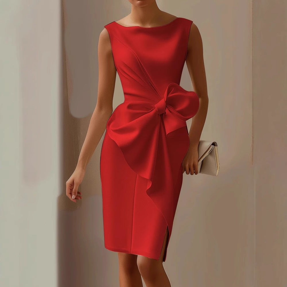 Red satin sleeveless dress with draped waist and large bow