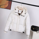 Off-white padded hooded jacket with front zipper and side pockets