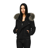 Black short bomber jacket with large fur-trim hood, zip front, side pockets