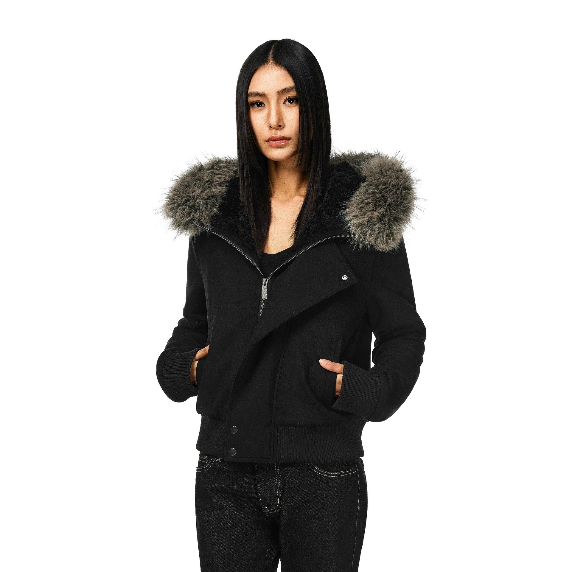 Black short bomber jacket with large fur-trim hood, zip front, side pockets
