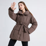 Women's tailored quilted puffer coat in dark brown with tie belt and high shawl collar