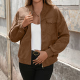 Oversized brown bomber jacket with stand collar, zip closure, chest flap pockets, long sleeves