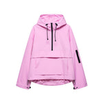 Pink hooded windbreaker jacket with zip front, drawstring cords, kangaroo pocket
