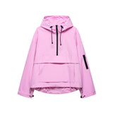 Pink hooded windbreaker jacket with zip front, drawstring cords, kangaroo pocket
