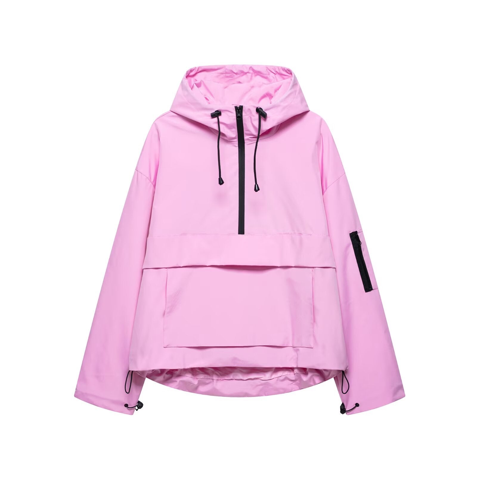 Pink hooded windbreaker jacket with zip front, drawstring cords, kangaroo pocket