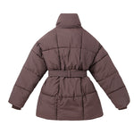 Women's tailored quilted puffer coat in brown, belted waist, high shawl collar (back)