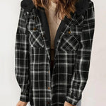 AMELIA™ plaid flannel hooded jacket in black and gray checks, button-front placket.
