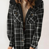 AMELIA™ plaid flannel hooded jacket in black and gray checks, button-front placket.