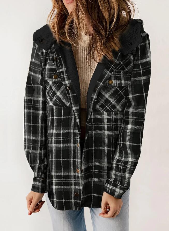 AMELIA™ plaid flannel hooded jacket in black and gray checks, button-front placket.