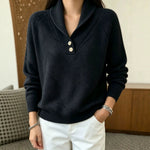 Women’s black button-front V-neck long-sleeve sweater, ribbed cuffs and hem.