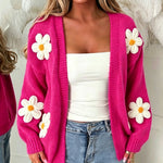 Laura oversized magenta long-sleeve cardigan with daisy appliqués
