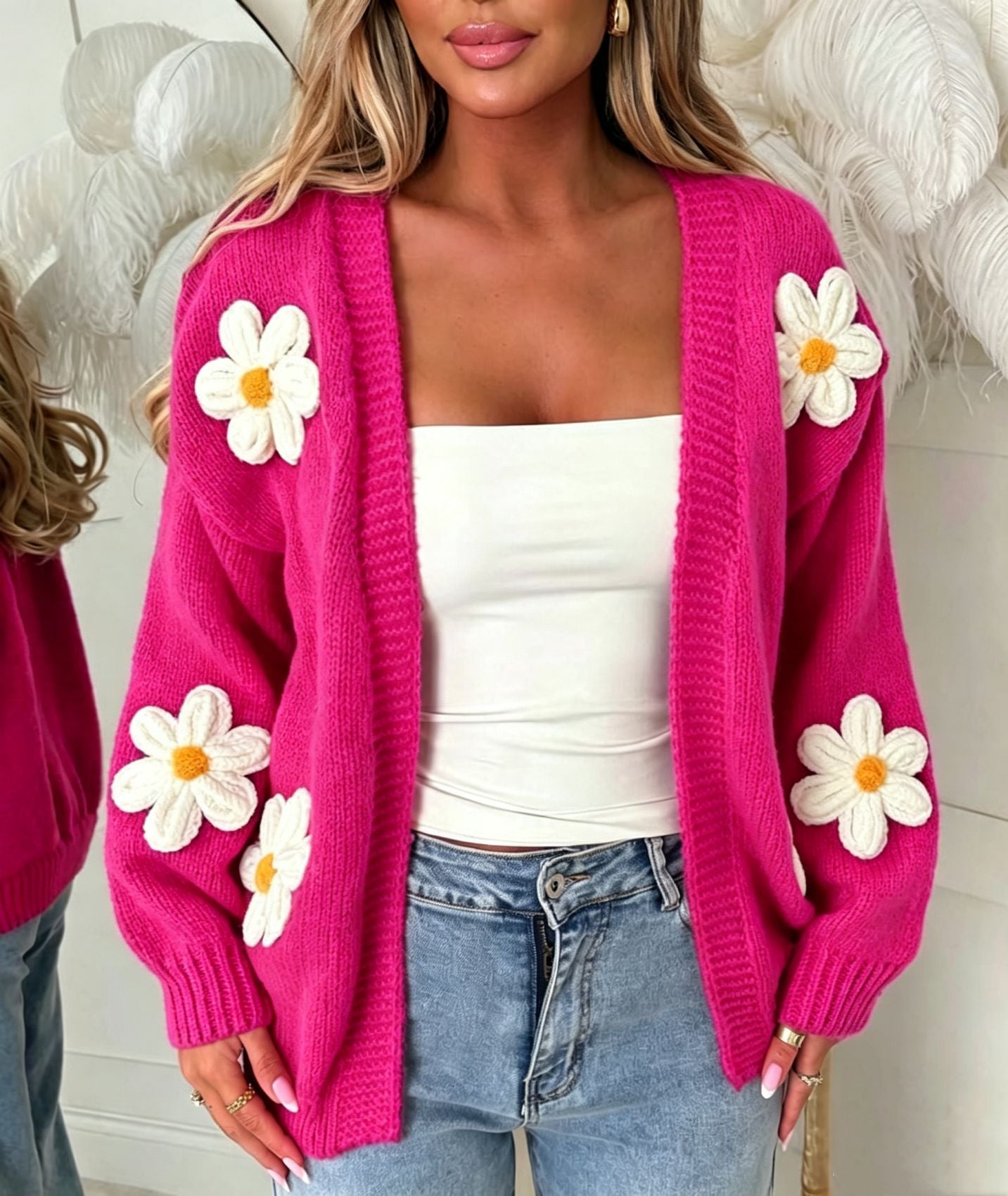 Laura oversized magenta long-sleeve cardigan with daisy appliqués