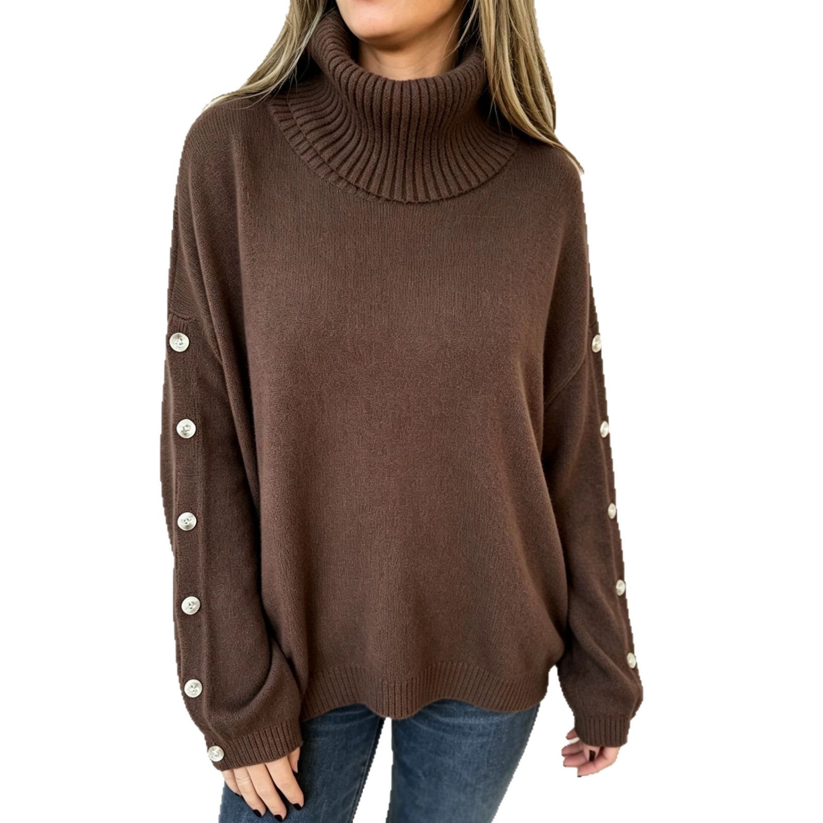 Oversized dark brown knit turtleneck pullover with buttoned cuffs, long sleeves