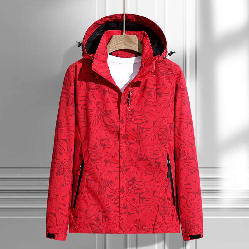 Red leaf-print hooded rain & wind jacket, zip-front with front pockets