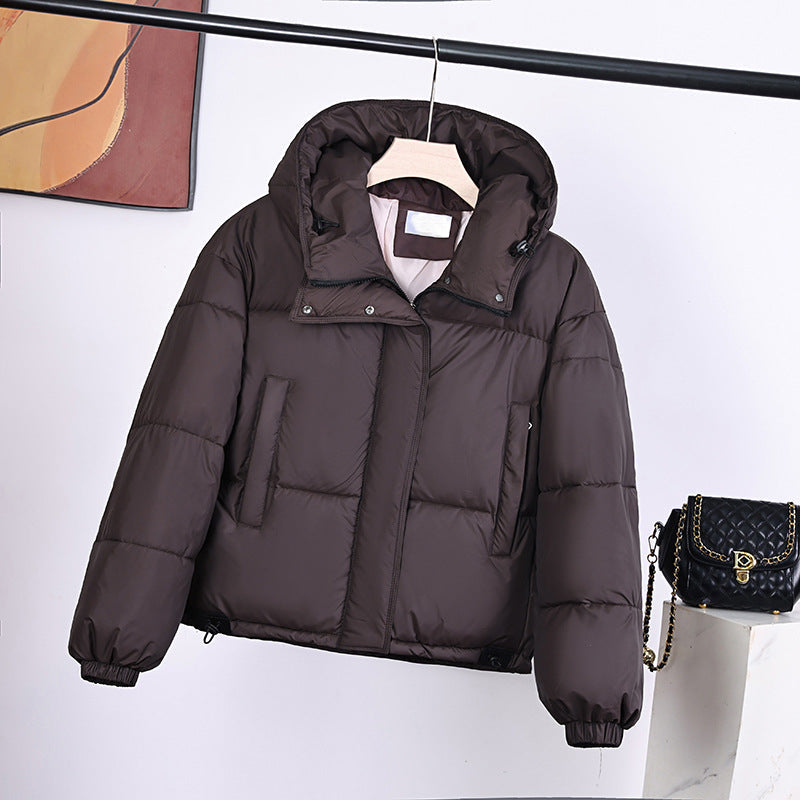 Dark padded hooded jacket with front zipper and side pockets