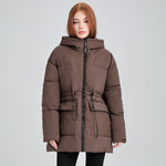 Women’s mid-length thermal parka in dark brown with hood and tie waist detail