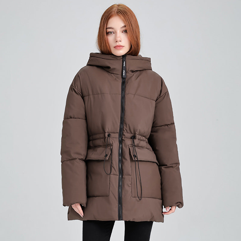 Women’s mid-length thermal parka in dark brown with hood and tie waist detail