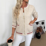 Long sleeve zip-up bomber cardigan with front pockets, beige knit and red striped trim