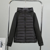 Women’s light hybrid quilted jacket with hood, black, zip-up front view on hanger