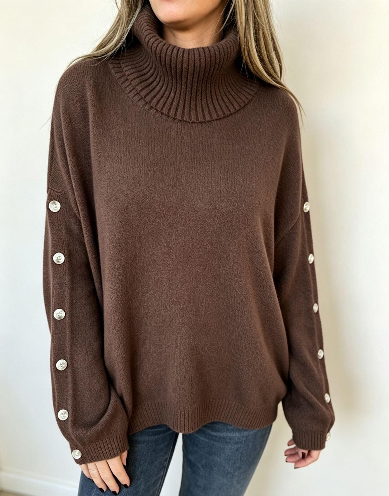 Oversized brown knit turtleneck pullover with buttoned cuffs and long sleeves