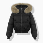 Women's short quilted blouson with removable hood, black, faux-fur trim, zip front