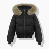 Women's short quilted blouson with removable hood, black, faux-fur trim, zip front