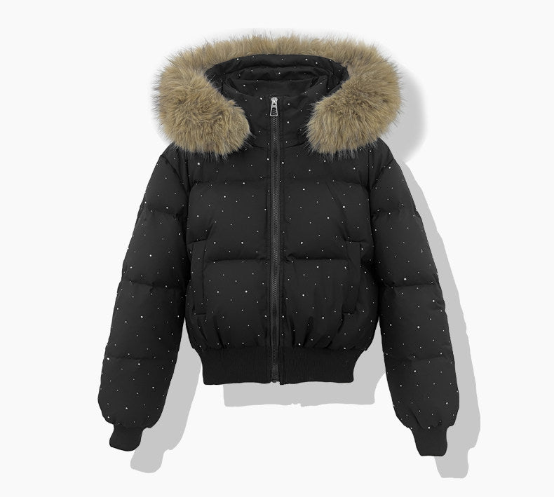 Women's short quilted blouson with removable hood, black, faux-fur trim, zip front