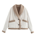 White short jacket with beige sherpa trim, button front, and two chest pockets