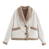 White short jacket with beige sherpa trim, button front, and two chest pockets
