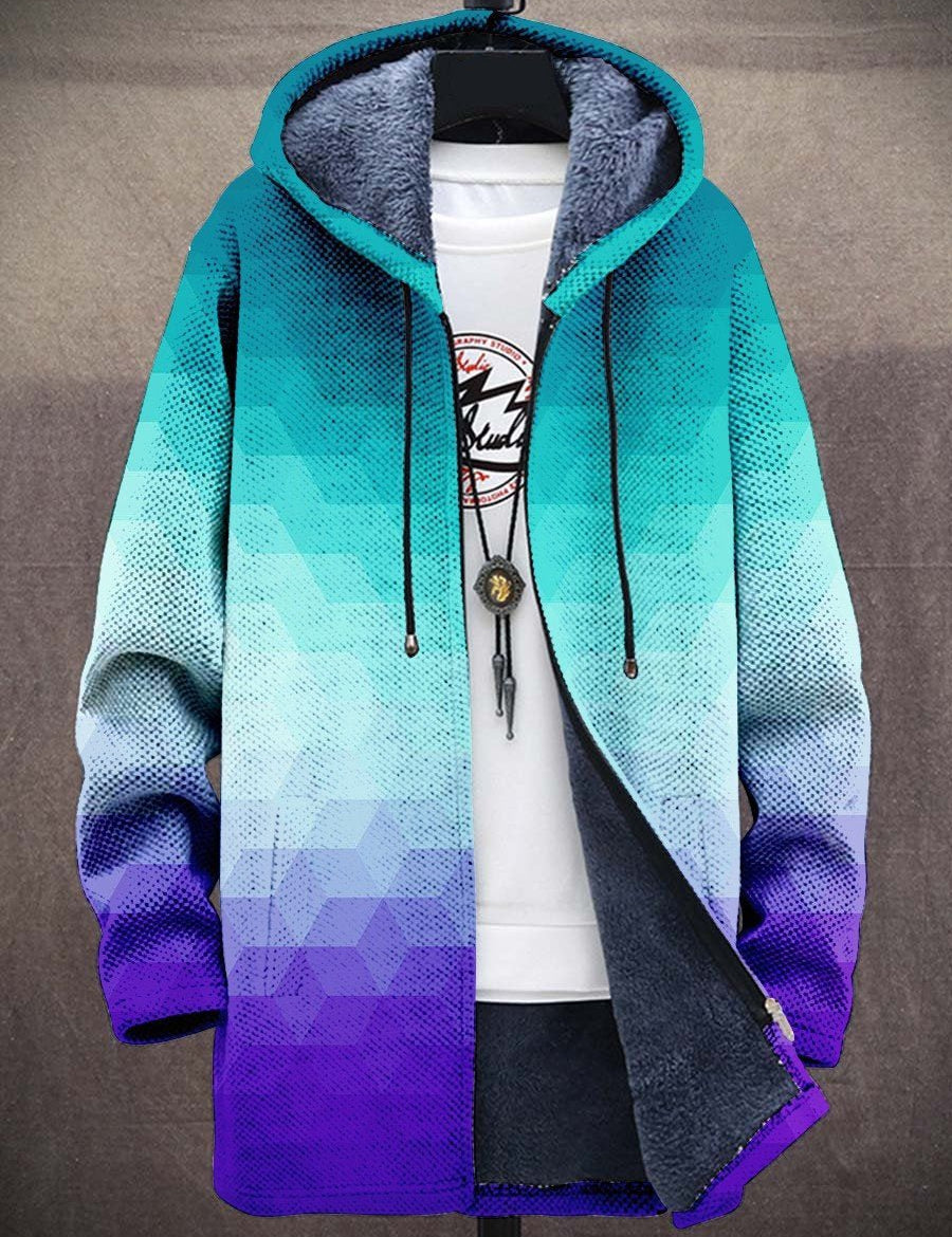 MARINA patterned cardigan with hood, front zipper, drawstring ties, blue-purple gradient