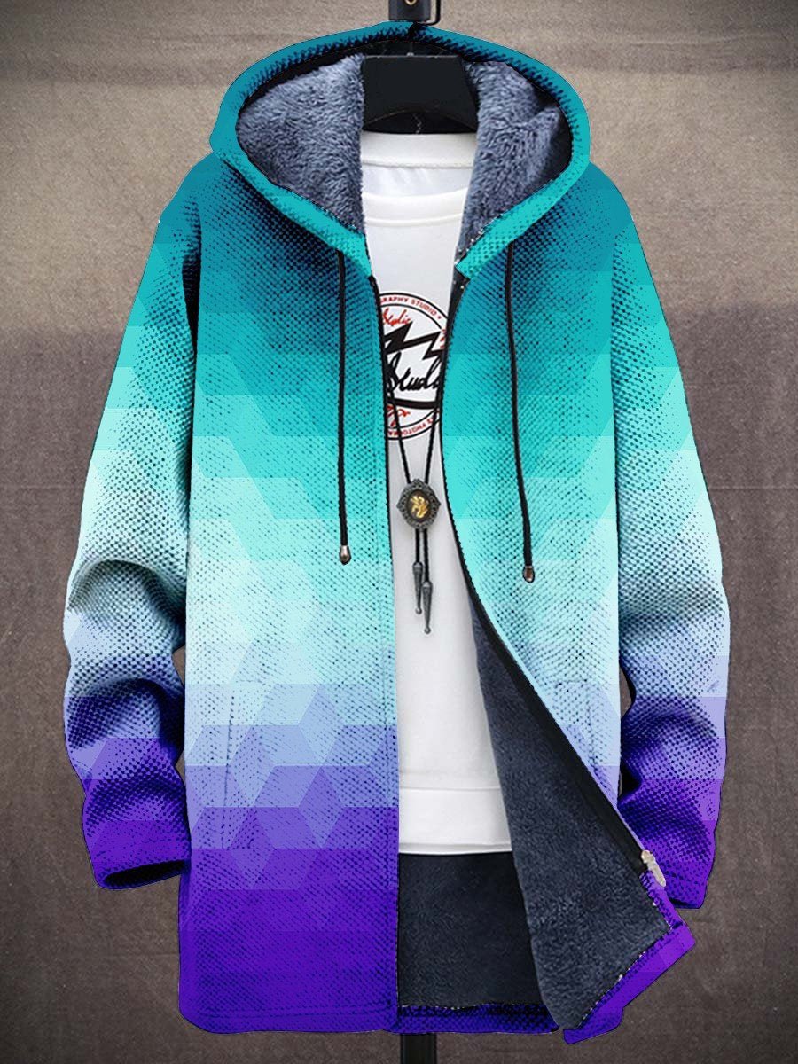 MARINA patterned cardigan with hood, front zipper, drawstring ties, blue-purple gradient
