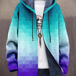 MARINA patterned cardigan with hood, front zipper, drawstring ties, blue-purple gradient