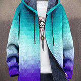 MARINA patterned cardigan with hood, front zipper, drawstring ties, blue-purple gradient