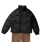 Black short quilted puffer jacket with stand collar and zip front, D-ring strap pockets