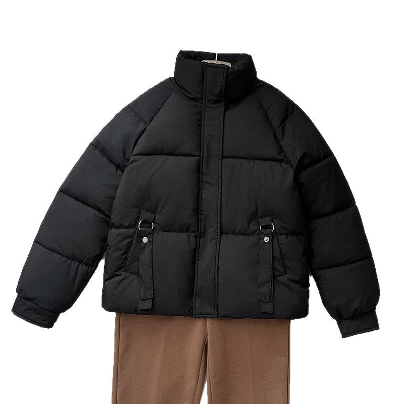 Black short quilted puffer jacket with stand collar and zip front, D-ring strap pockets