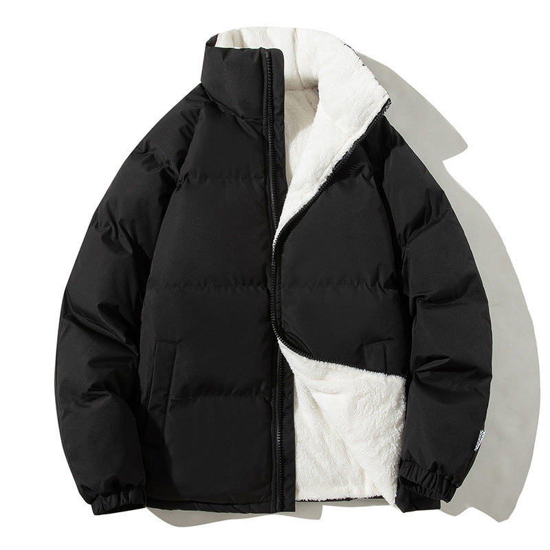 Black quilted thermo bomber jacket with teddy lining and high stand collar