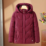 Burgundy quilted thermo outdoor jacket with hood, full zip, floral embroidery on side panels