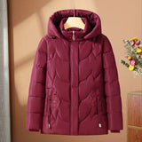 Burgundy quilted thermo outdoor jacket with hood, full zip, floral embroidery on side panels