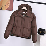 Brown padded hooded jacket with front zipper and side pockets
