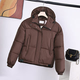 Brown padded hooded jacket with front zipper and side pockets