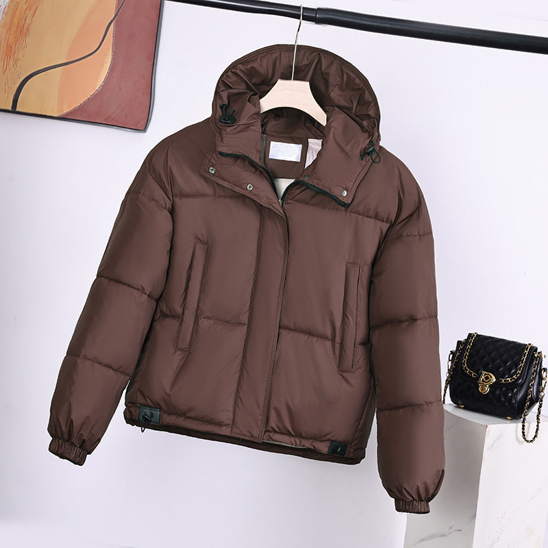 Brown padded hooded jacket with front zipper and side pockets