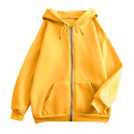 Yellow zip-up hooded jacket with kangaroo pocket and drawstring hood