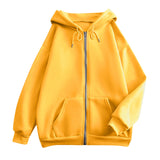 Yellow zip-up hooded jacket with kangaroo pocket and drawstring hood