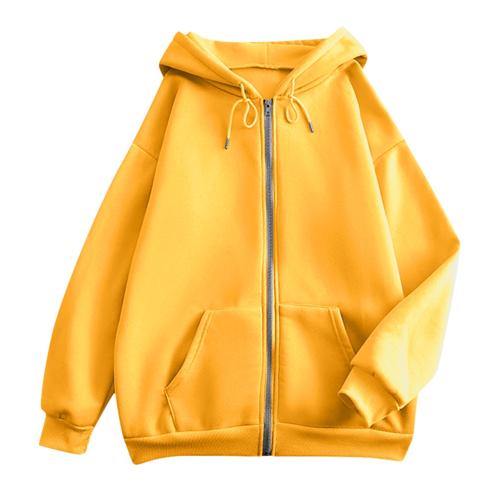Yellow zip-up hooded jacket with kangaroo pocket and drawstring hood