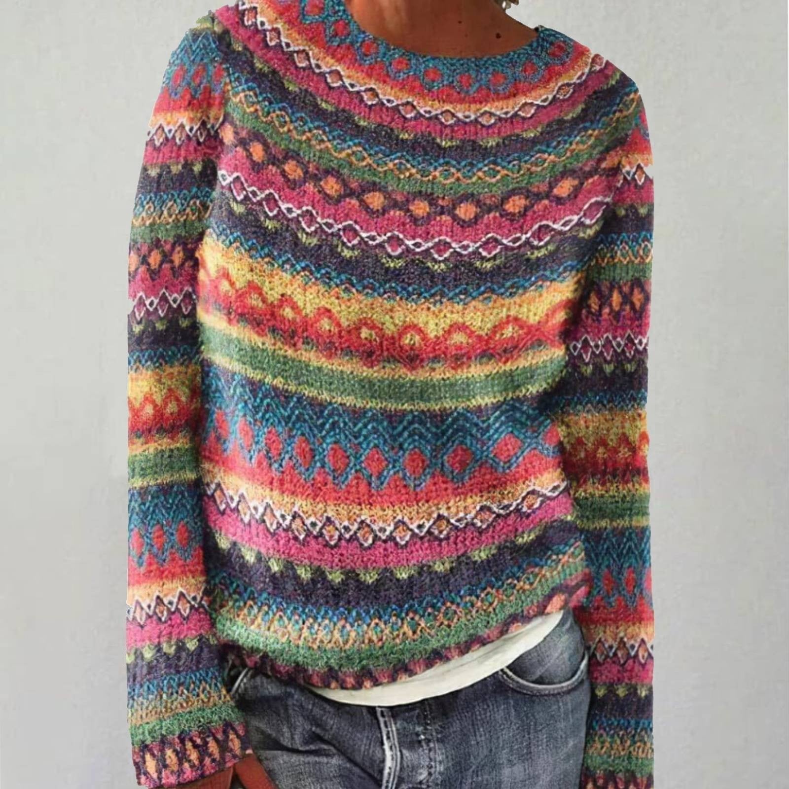 Colorful retro knit sweater with fair isle stripes and crew neckline