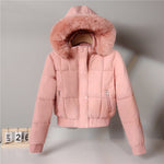 Short padded hooded jacket with faux fur trim, pink