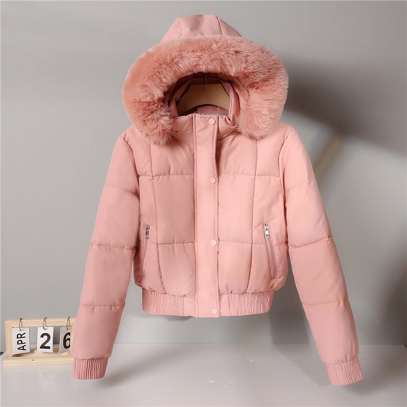 Short padded hooded jacket with faux fur trim, pink