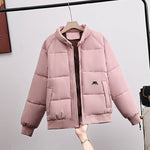 Women’s short quilted bomber jacket, pink, full-zip with high stand collar and side pockets
