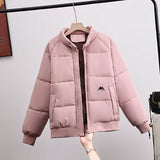 Women’s short quilted bomber jacket, pink, full-zip with high stand collar and side pockets